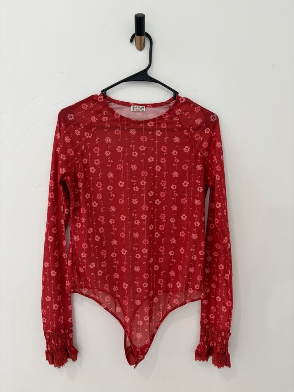 Free People Intimately Red Floral Mesh Bodysuit XL